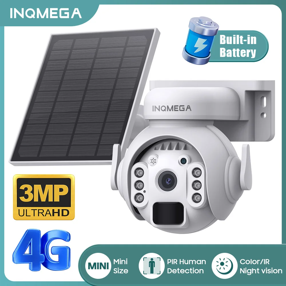 

INQMEGA 3MP Security Solar Camera 4G SIM Wireless Outdoor WIFI Battery Powered Camera 360° PTZ Cameras PIR Night Vision Audio