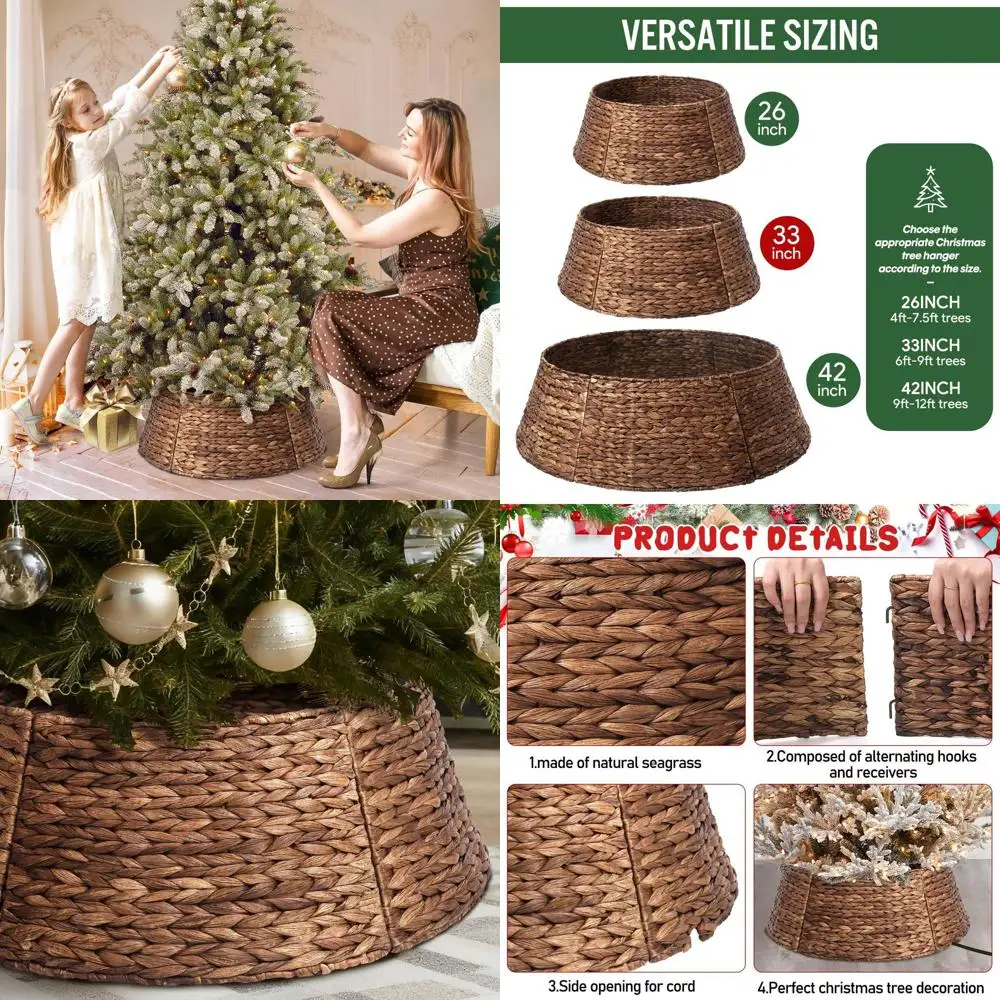 

Rattan Christmas Tree Collar, 33 Rustic Farmhouse Style Tree Skirt, Xmas Decoration, Holiday Tree Ring Accessory for Home Living