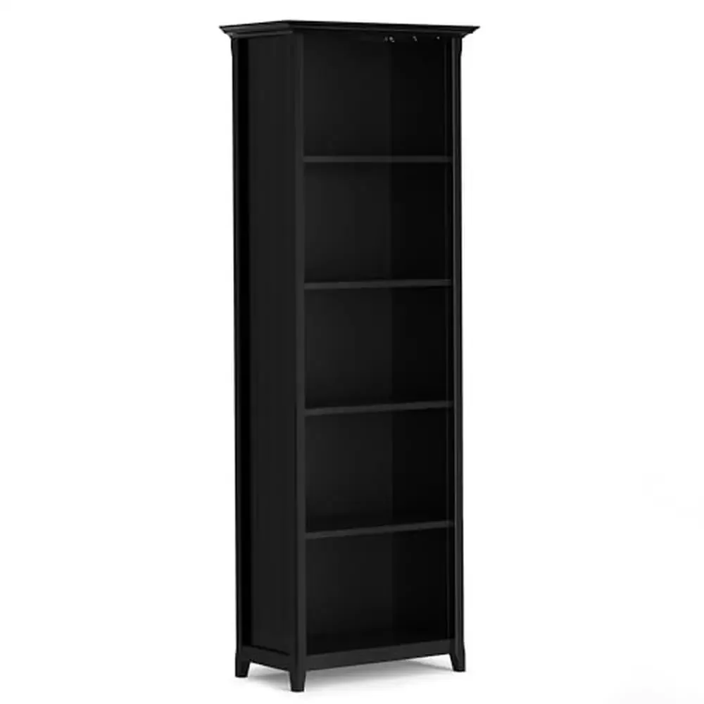 Transitional Wood 5 Shelf Bookcase Office Study Room Storage Unit 26 inch Black Solid Handcrafted Grooved Detail Multipurpose