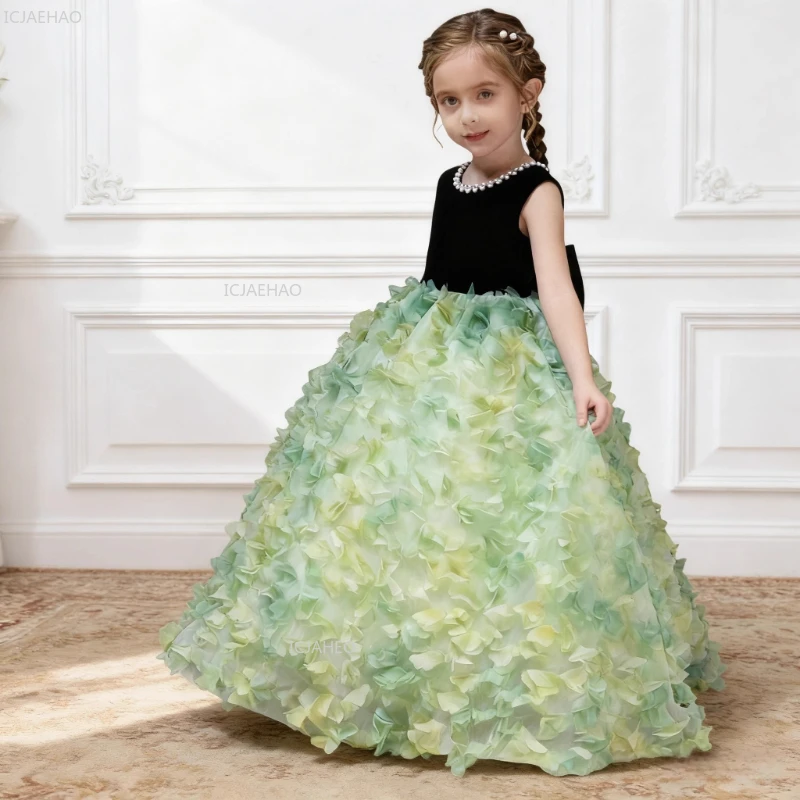 French Style Girls Dress Green 3D Flower Strapless Pageant Formal Celebration Dresses Bow Children Princess Party Gown  Wedding