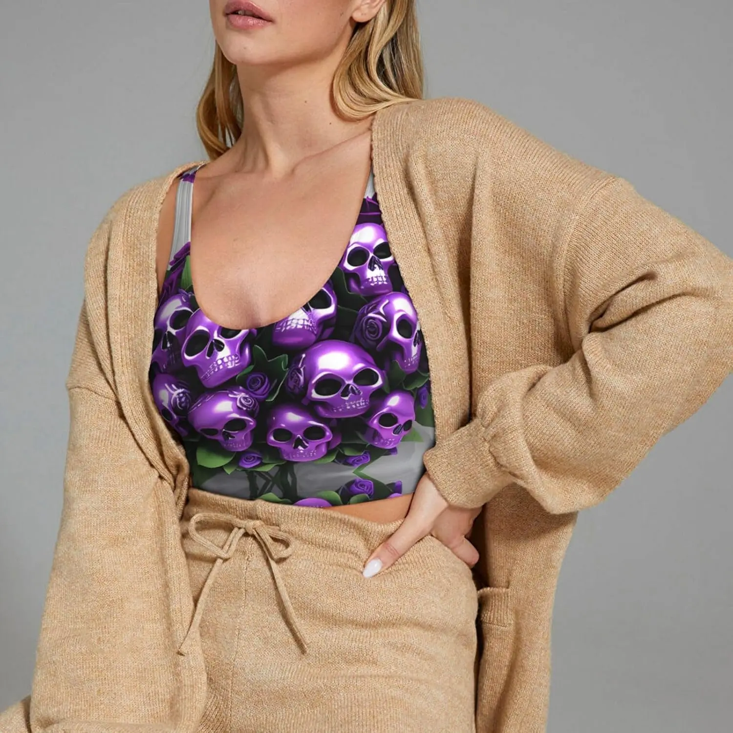 سترة رياضية نسائية مطبوعة على شكل جماجم وورود أرجوانية لليوجا والتمارين واللياقة البدنية - كاجوال بدون أكمام للفتيات الرياضيين، أسود كبير