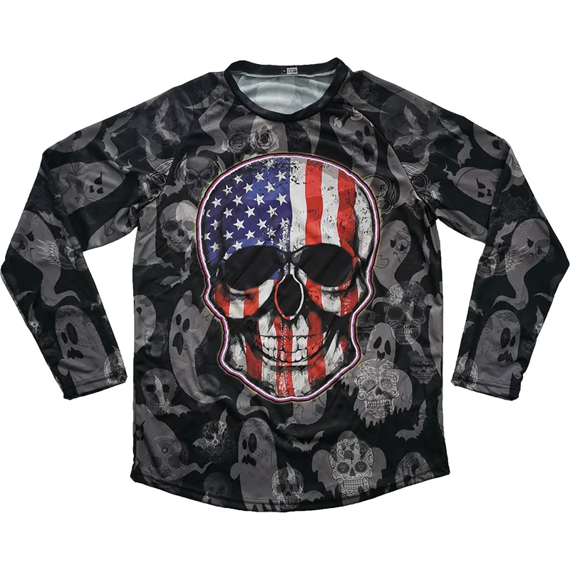 Mx Jersey Mens USA Skull Shirt Bike MTB Long Sleeve Cycling Top Motocross Run Clothes Bicycle Wear Protection Downhill Racer BMX