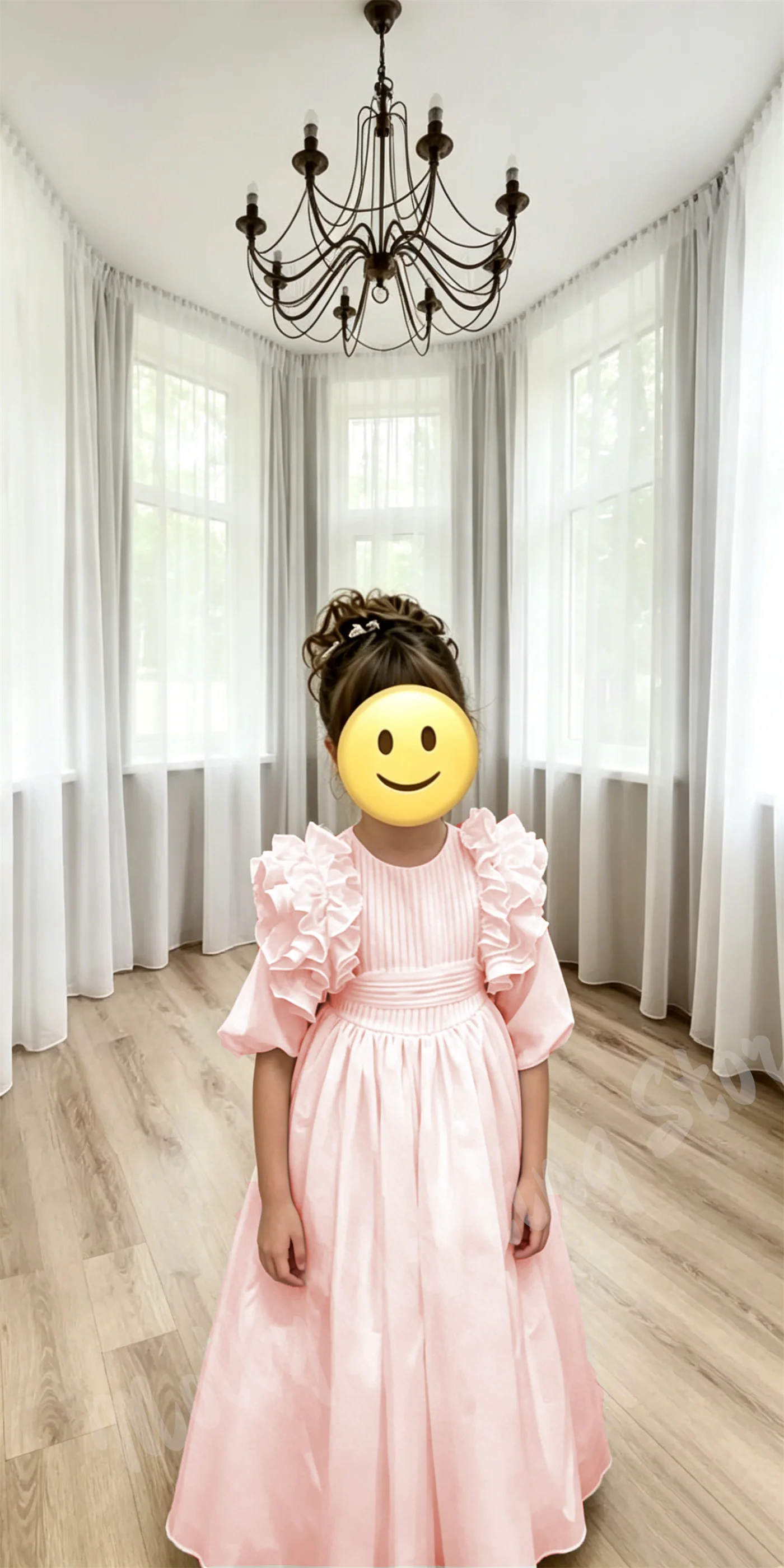 Puffy Balloon Sleeve A-LINE Pink Flower Girl Princess Dress Wedding Ruffles Bridesmaid Birthday Party Piano Performance Gown