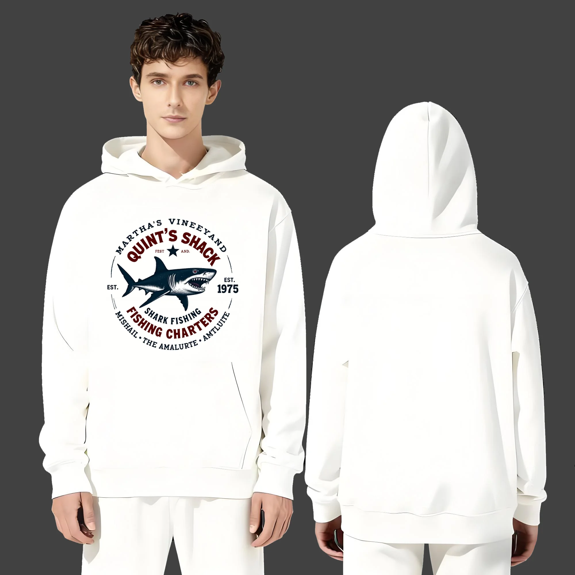 

Новейшая модная повседневная толстовка с капюшоном весом 330 г для мужчин и женщин в 2025 году с принтами букв и акулы.