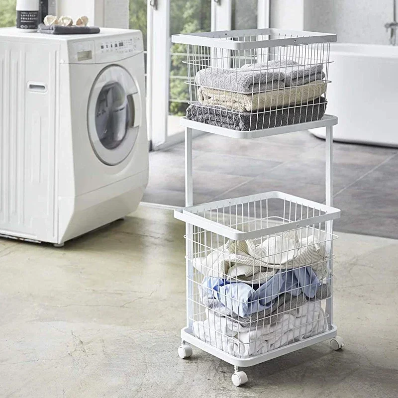 Double layer Cloth Storage Baskets Rack Bathroom Floor Stand Clothing Storage Sundries Iron Laundry Storage Basket with wheel