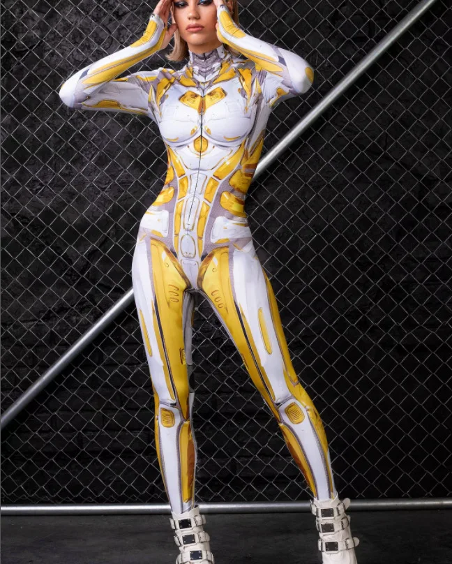 Damen Cosplay Totenkopf Steampunk Kostüm Elastische Bodysuits Cyberpunk Mechanische Goldene Rüstung Jumpsuit Halloween Party Romper – Detail 11