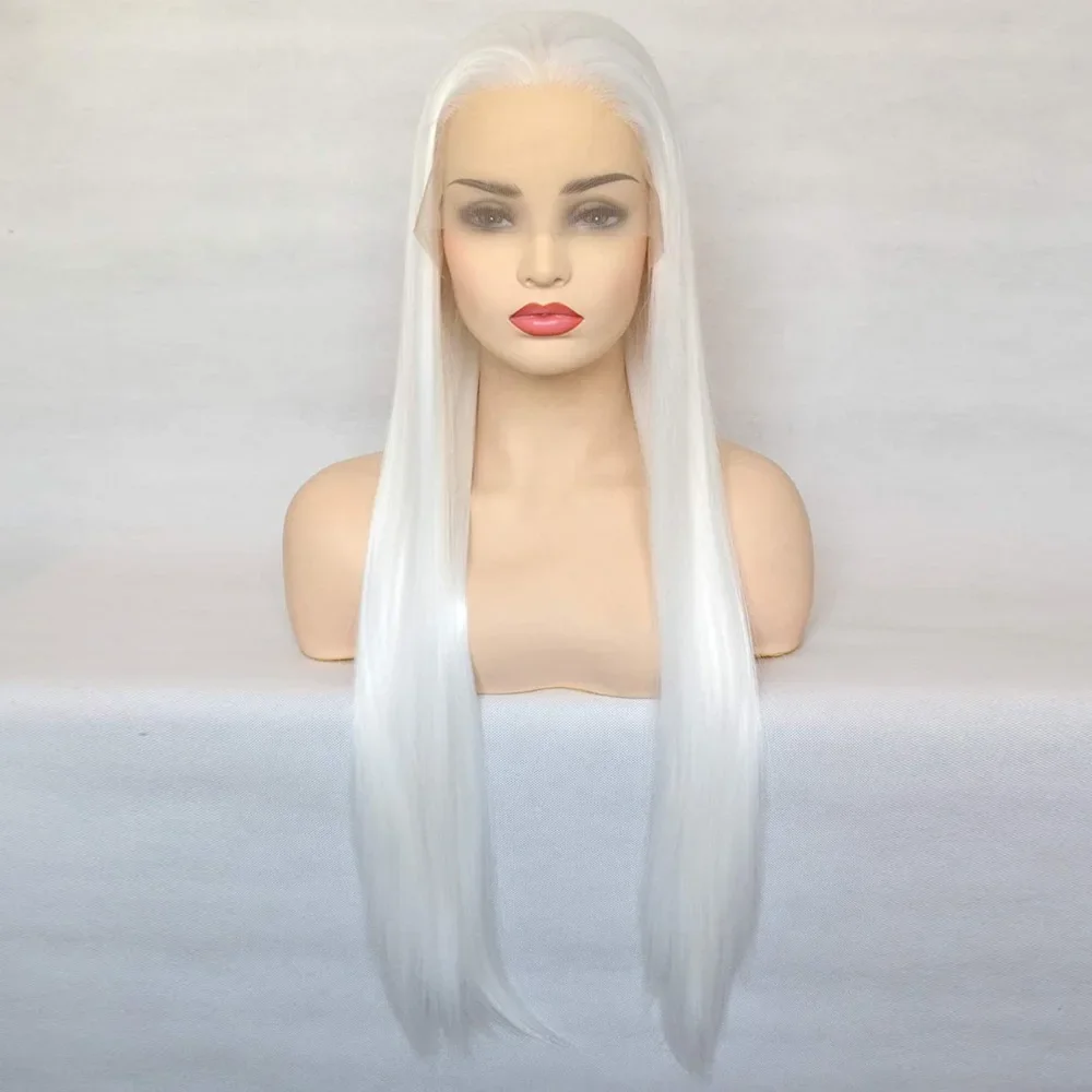 13x4 Lace Front White Synthetic Middle Part Long Straight Wig For Women 24 Inch Transparent Lace Frontal High Quality Wig Daily