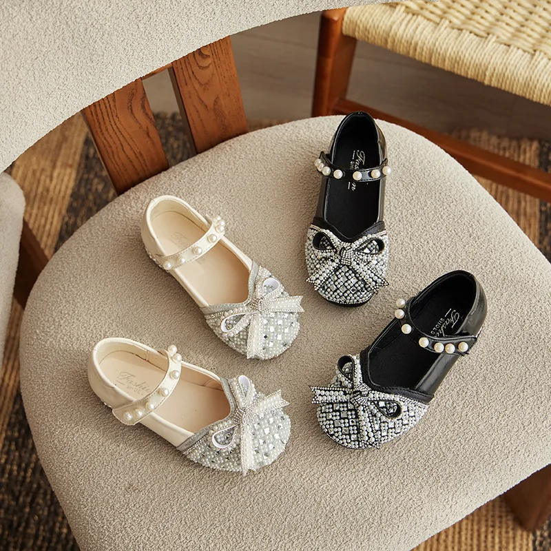 Kid's Princess Leather Shoes for Girls 2024 Spring Autumn Water Diamond New Children High Heels Crystal Model Performance Shoes