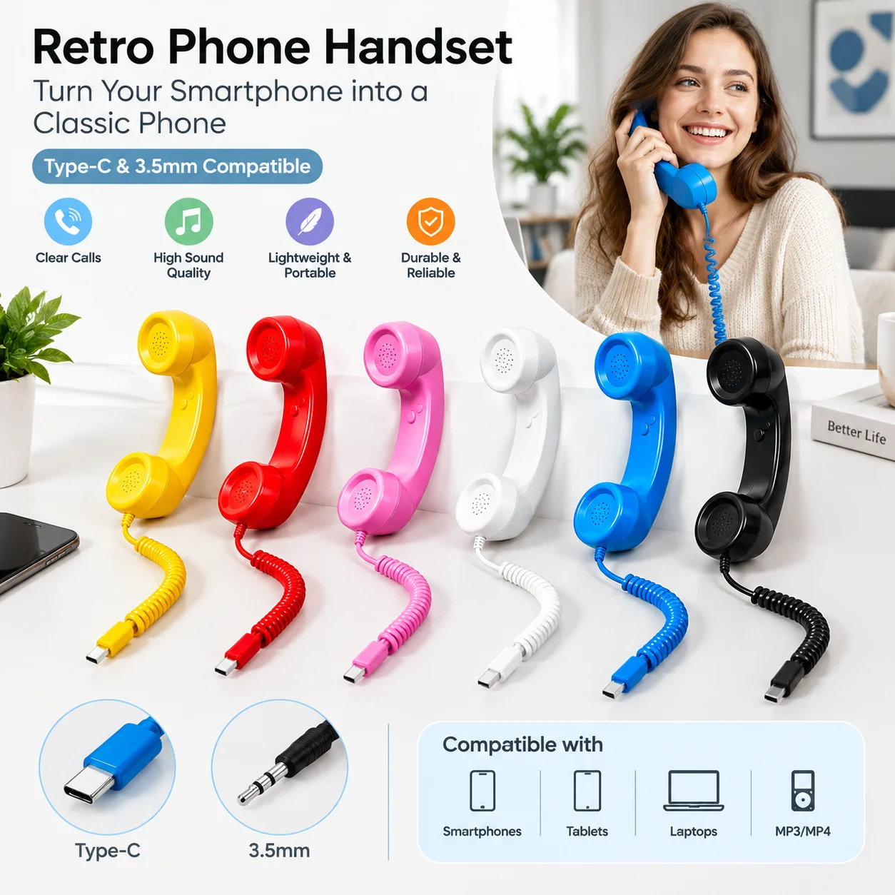 Retro Telephone Receiver Type-C 3.5mm Microphone Handset Directly Plug Into Mobile Phone Handset For Mobile Phones