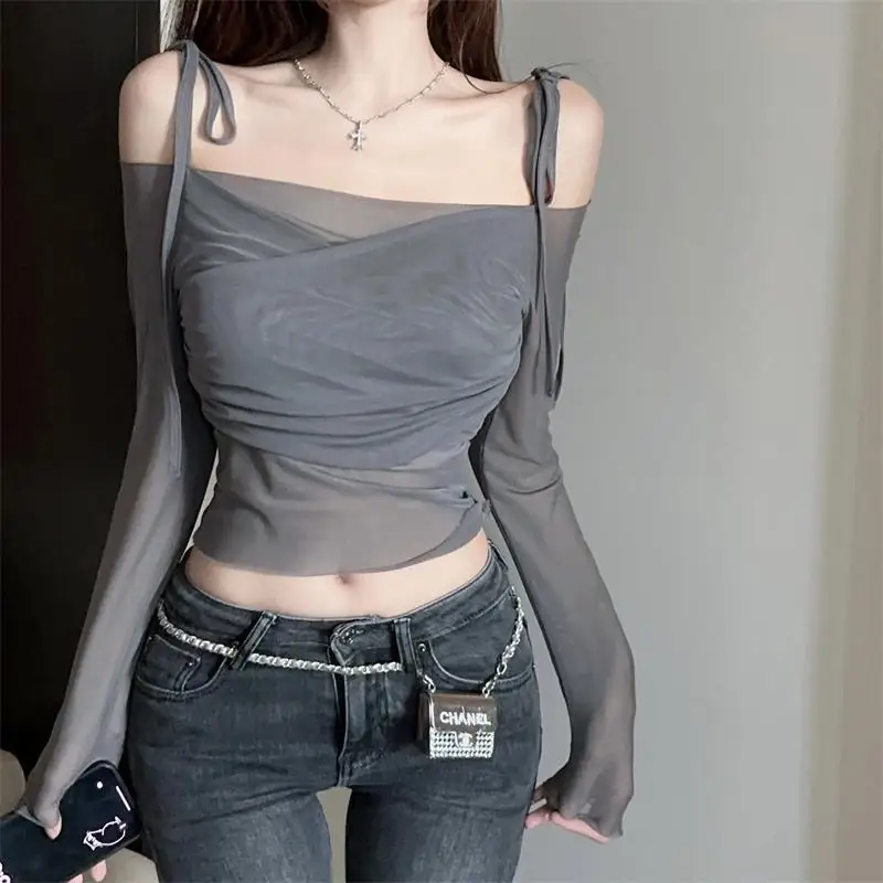 

Mesh Long-sleeved Sunscreen Lace-up T-shirt Women's Summer Thin One-word Shoulder Design Short Open-button Top