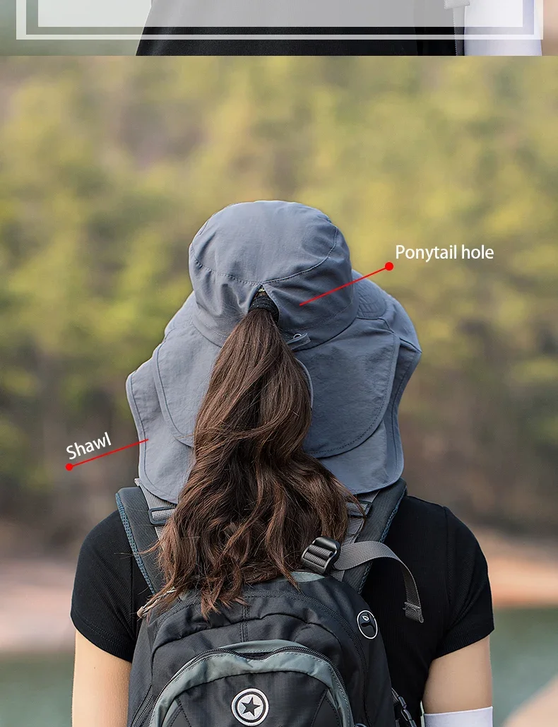Sommerhut für Damen, Outdoor UV-Schutz für den Hals, Sonnenblende für Herren, Angeln, Wandern, breite Krempe, Schal, Sonnenschutz, Pferdeschwanzkappe, undefiniert – Detail 2