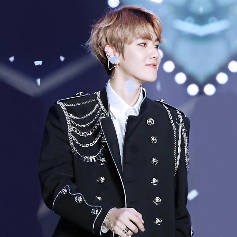 Bar Zanger Stage Performance Punk Hofjas Metalen kettingen Double Breasted Jas Sterconcert Show Stand Kraag Bovenkleding