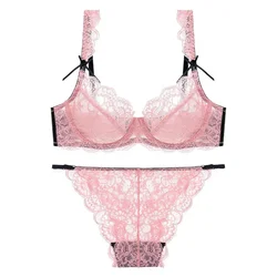 Sexy Transparent Ultra-thin Lace Lingerie Set Women Gather Underwear Bra Summer Solid Sweet Bow Decor Soft Underwire Brief Suit