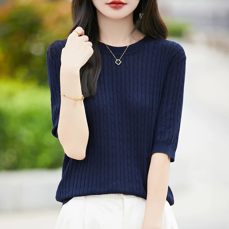 

Summer New Thin Worsted Short-Sleeved Women's Loose Round Neck T-Shirt Solid Color Twisted Sweater Half Sleeve Top