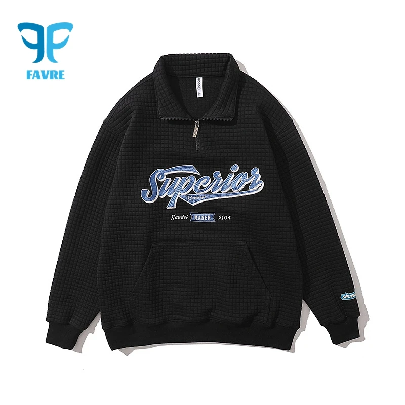 FAVRE Mens Half Zipper Letter Print Sweatshirts Womens All-match Casual Y2K Plaid Hoodies Fashion High Street Couple Pullovers