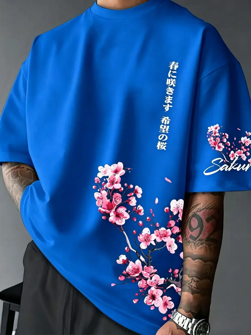 American Men's Summer Personalized Cherry Blossom Letter Print Micro Elastic Breathable Round Neck T-Shirt Outdoor Street Top