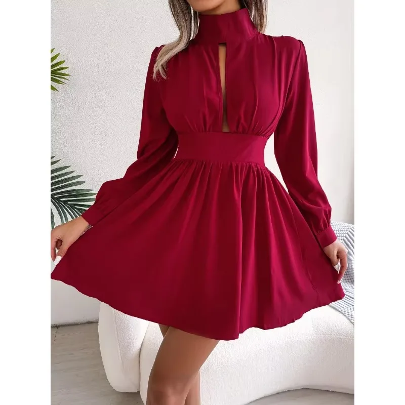 Neue Frauen Elegante Wrap Kleid Frühling Sommer Einfarbig Aushöhlen Langarm EINE Linie Kleid frauen Kleidung