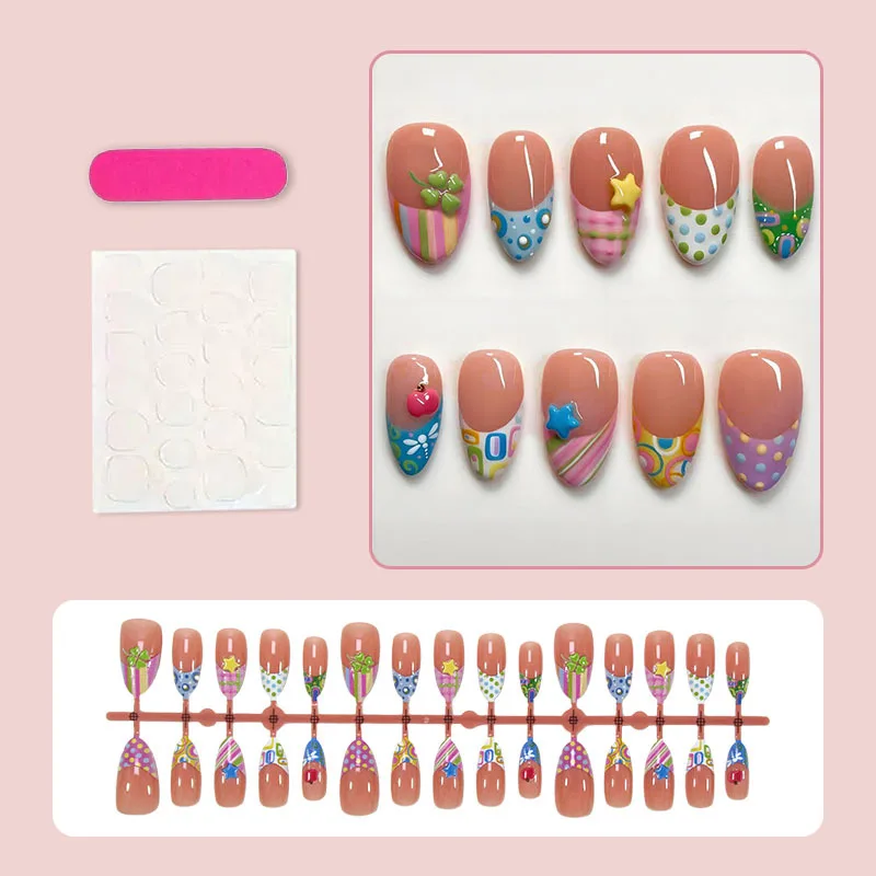 24PCS 3D Apple Star Cute Almond False Nails Colorful Polka Dots Pattern French Press on Nails Sweet Nude Ins Wearable Fake Nails