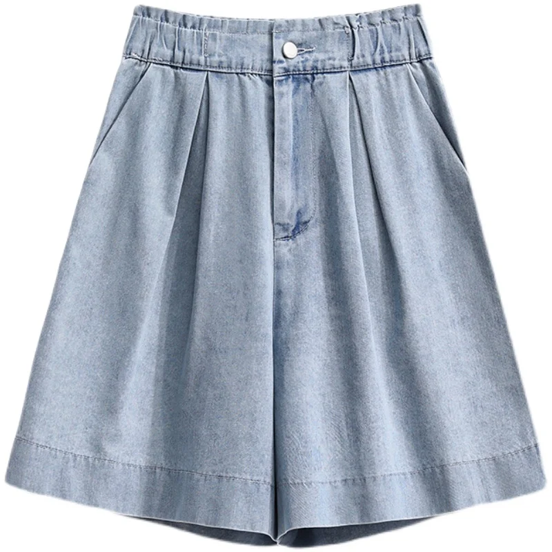 Taille haute Denim orts femmes été grande taille jambe droite coupe ample cinq-quarts a-ligne pantalon à jambes larges polyvalent minceur