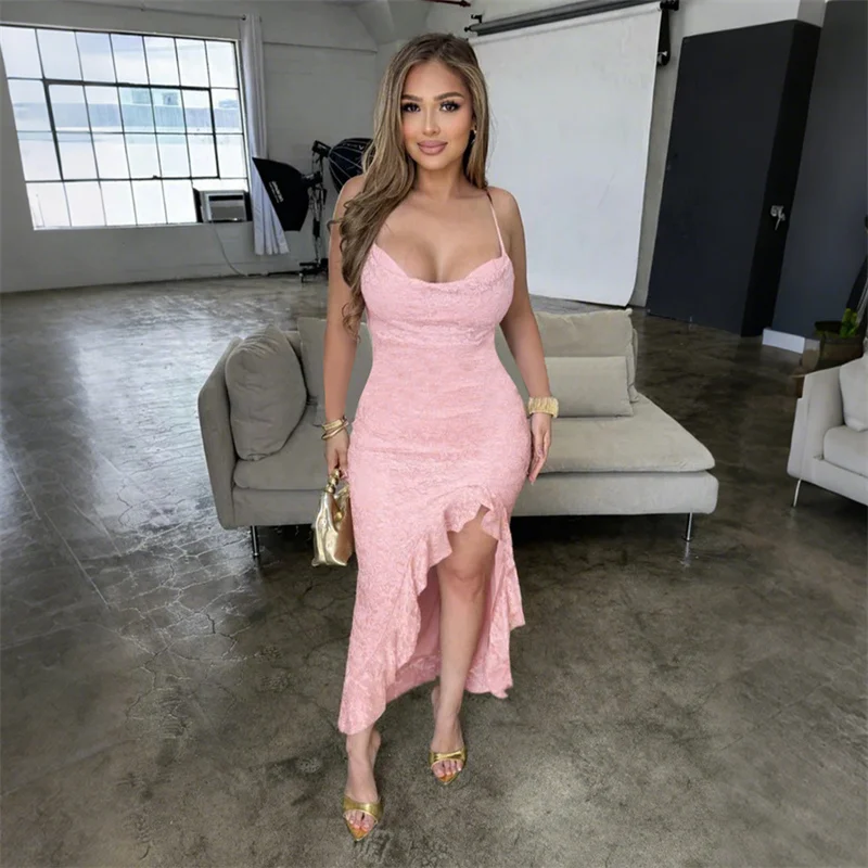 

Sexy Lace Summer Dress Women Elegant Spaghetti Strap Backless Ruffles Hem Split Beach Vacation Party Club Long Dresses Vestido