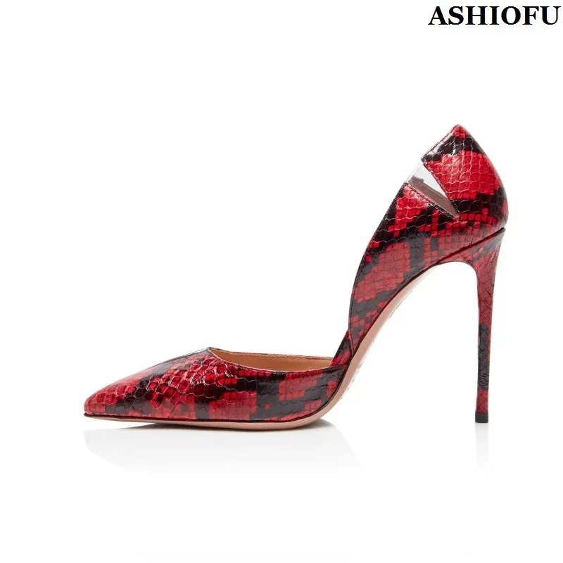 ASHIOFU Handmade New Classic Style Ladies High Heels Pumps Faux-Snake Leather D'orsay Slip-on Dress Evening Fashion Court Shoes