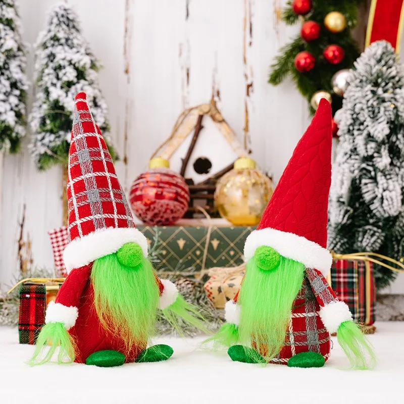 Le nouvel ornement de poupée sans visage de Noël est assorti au monstre aux cheveux verts Grinch Elf Dwarf Doll pour une décoration festive.