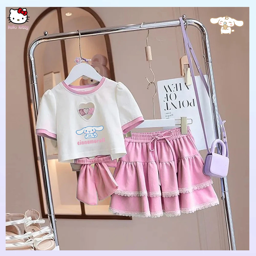 New Kawaii Girls Summer Fashion Sets Sanrios Anime Cinnamoroll Teenage Korean Style Bow Top Skirts T-Shirt Sweet Kid\'s Clothing