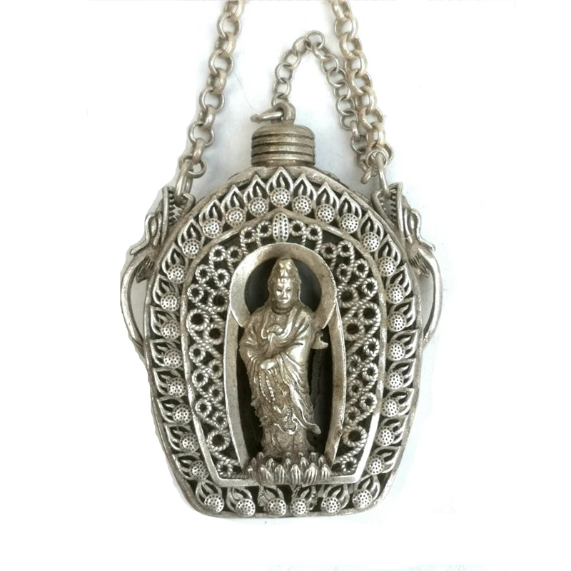 YIZHU CULTUER ART Size 5.5 Inch Old Chinese Tibet Silver Carved Kwan-yin Avalokitesvara Statue Sachet Pendant Gift Collection