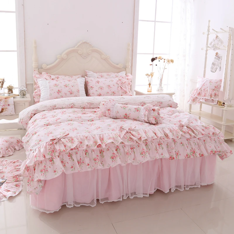 100% Cotton Lace Princess Bedding Set Luxury Pink Rose Flowers Printed Bow Duvet Cover Bed Skirt Pillowcases Home Textile