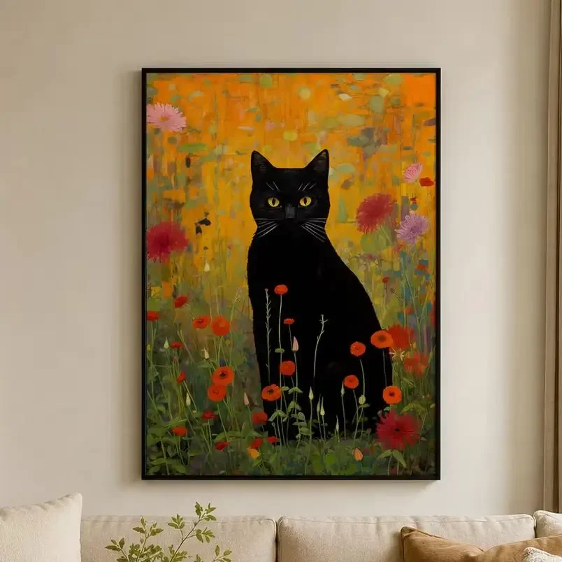 (No frame)Black Cat in a Garden,Black Cat Wall Art,Cat Poster Canvas Wall Print,High‑Grade Home Decoration Artwork for Bedroo