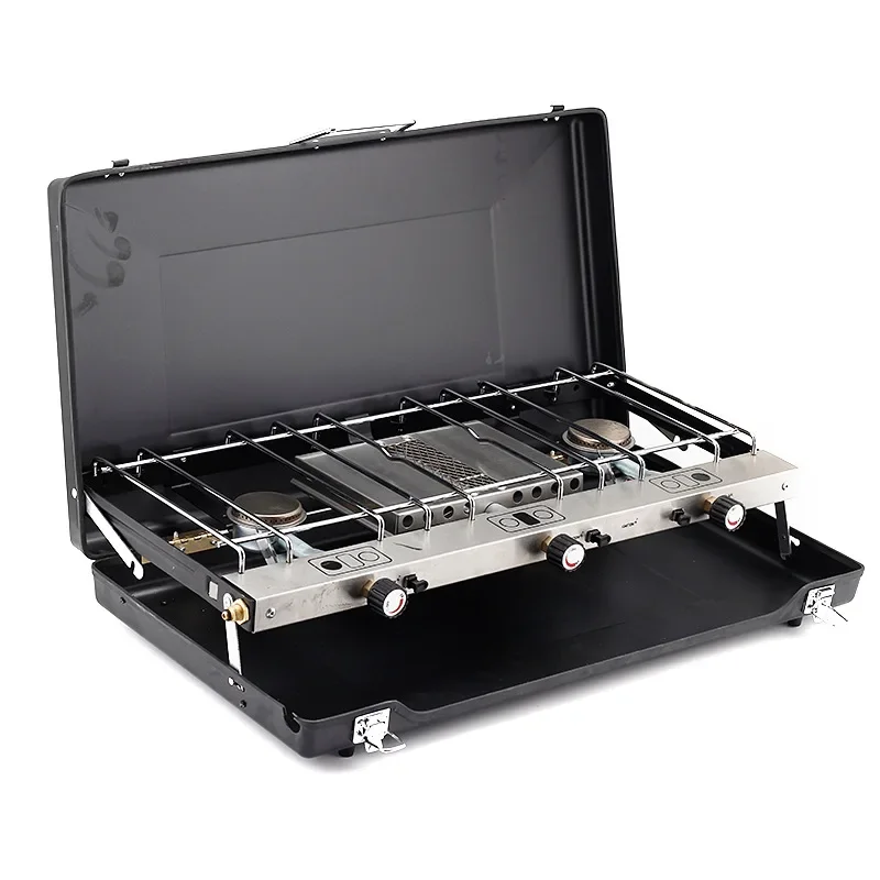 

Походная двухконфорочная газовая плита, трехконфорочная ветрозащитная плита для хранения, портативный складной гриль для барбекю, портативная газовая плита