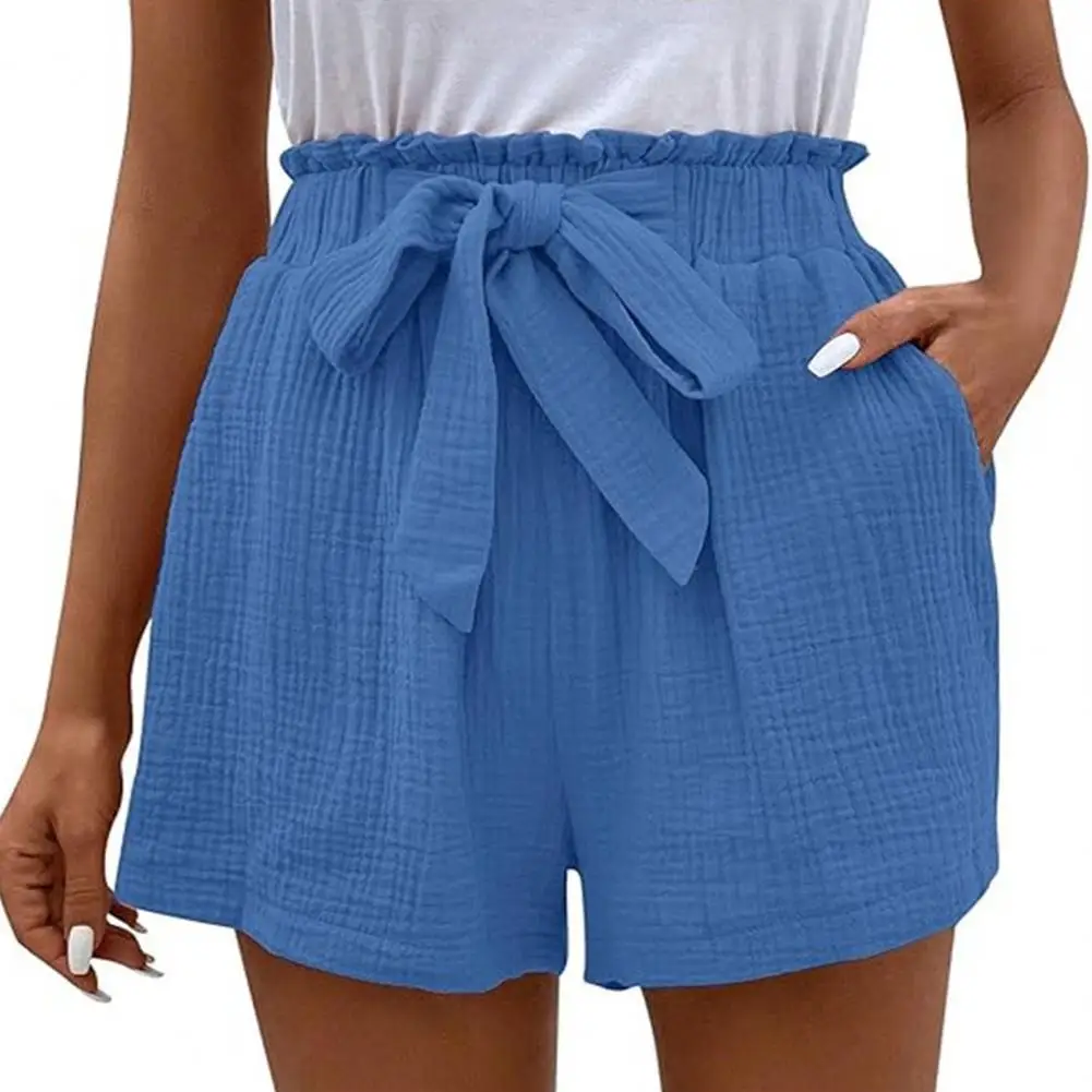 Elastic Waist Shorts Elastic Waist A-line Pleated Women's Mini Shorts with Shirring Lace-up Strap Side Pockets Bow for Club