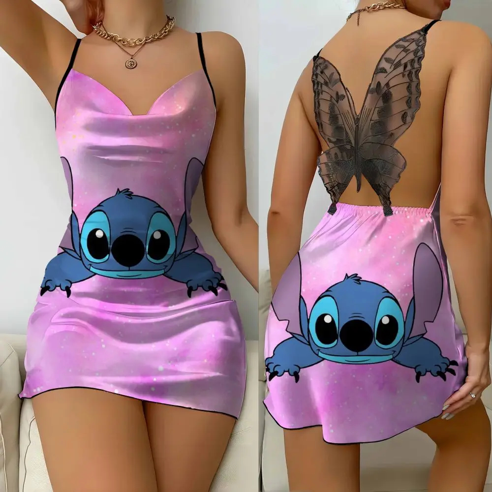 

Novelty Women's Dresses 2024 Lettuce Edge Home Nightdress Dress Disney Lilo & Stitch Summer Sexy Off Shoulder Bow Mini Skirt