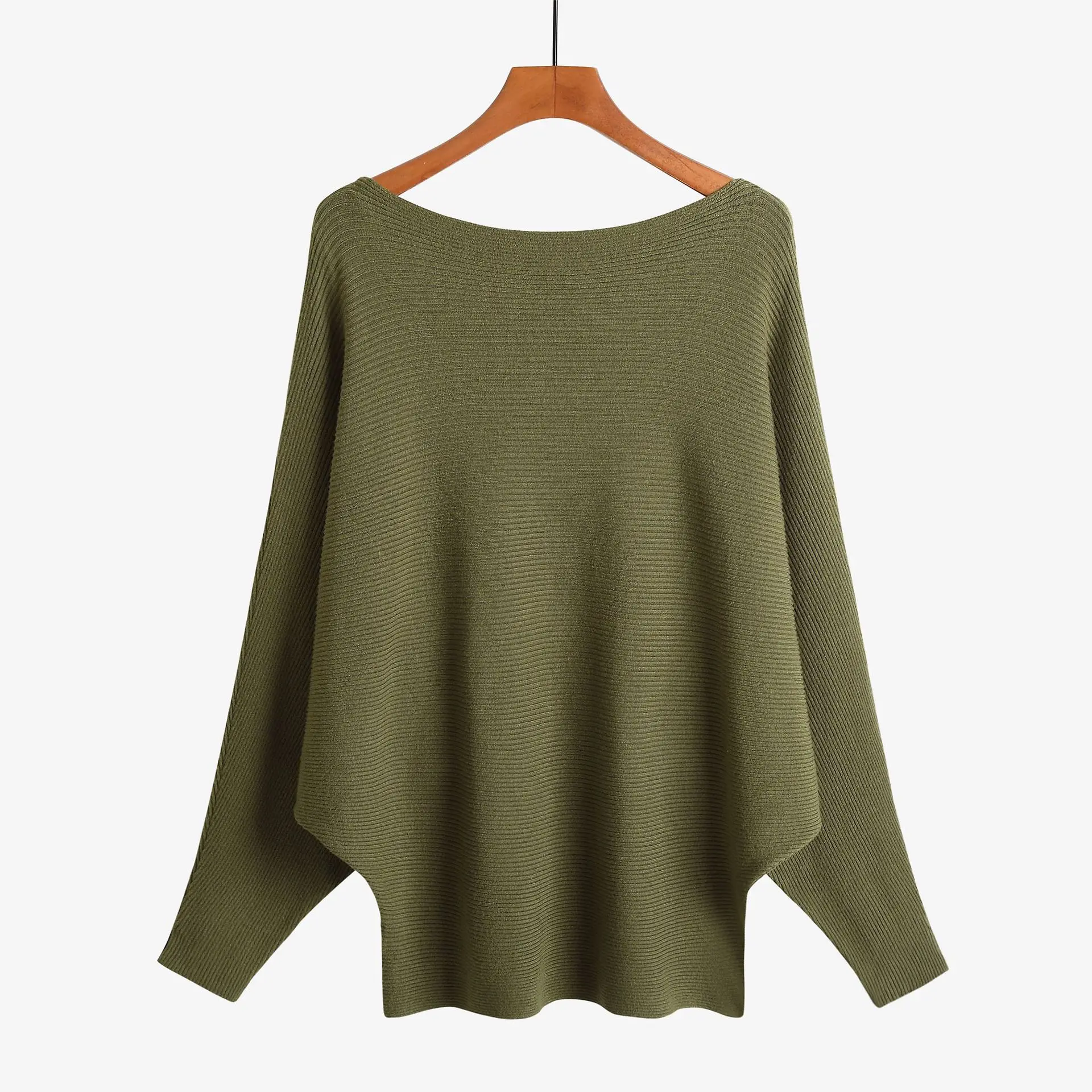 Spring and Autumn Sweaters Women's Bat Shirts One Line Neck Knitwear Women's Pullover Long Sleeve Loose Solid Color Top