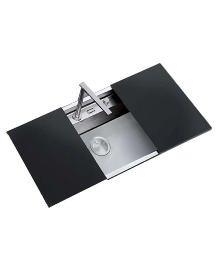 

New design retractable faucet stainless steel sliding cover kitchen concealed sink