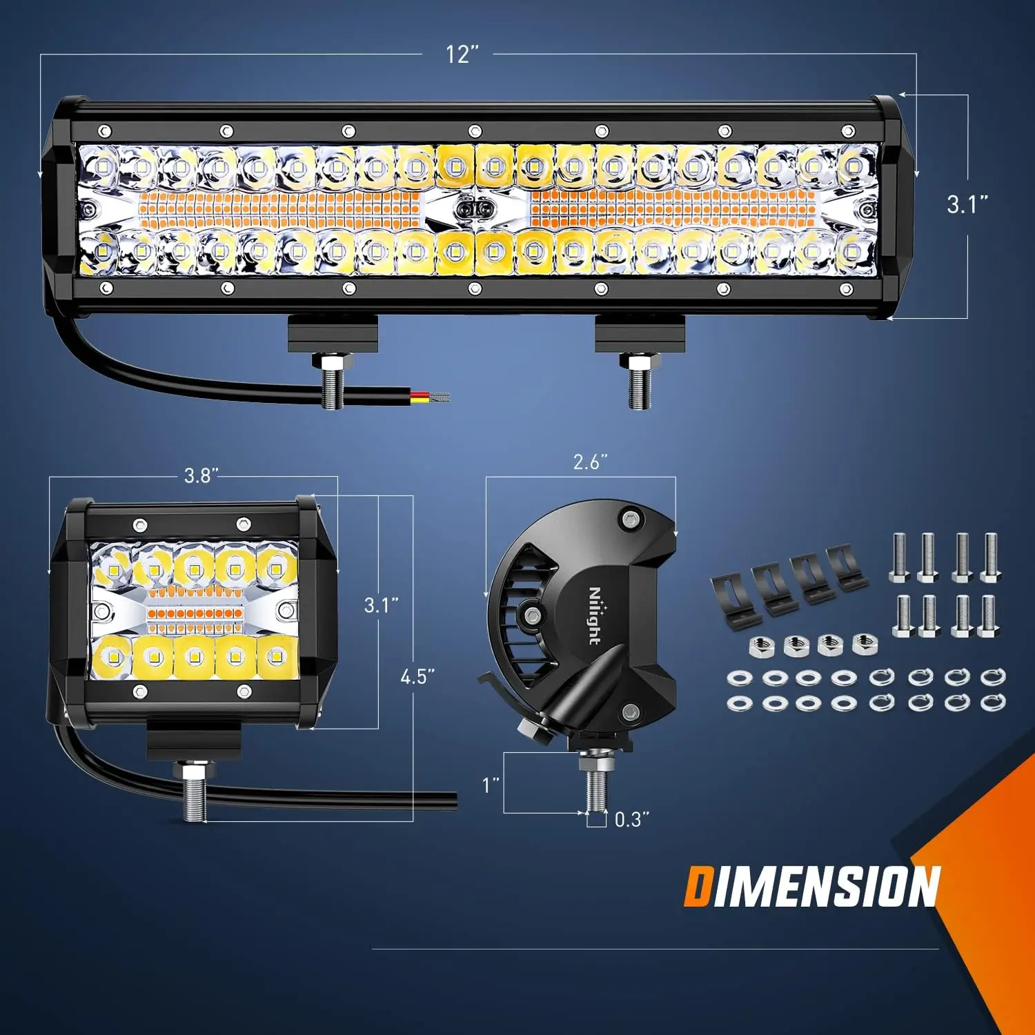 Nilight 12Inch 300W LED Light Bar 2PCS 4Inch 60W Light Pods Amber White Strobe 6 Modes Memory Function Reset Function Off Road Truck with 16AWG Wiring Harness Kit-3 Leads,LED Work Light Combo Kit for Truck Jeep ATV UTV Driving Fog Lighting