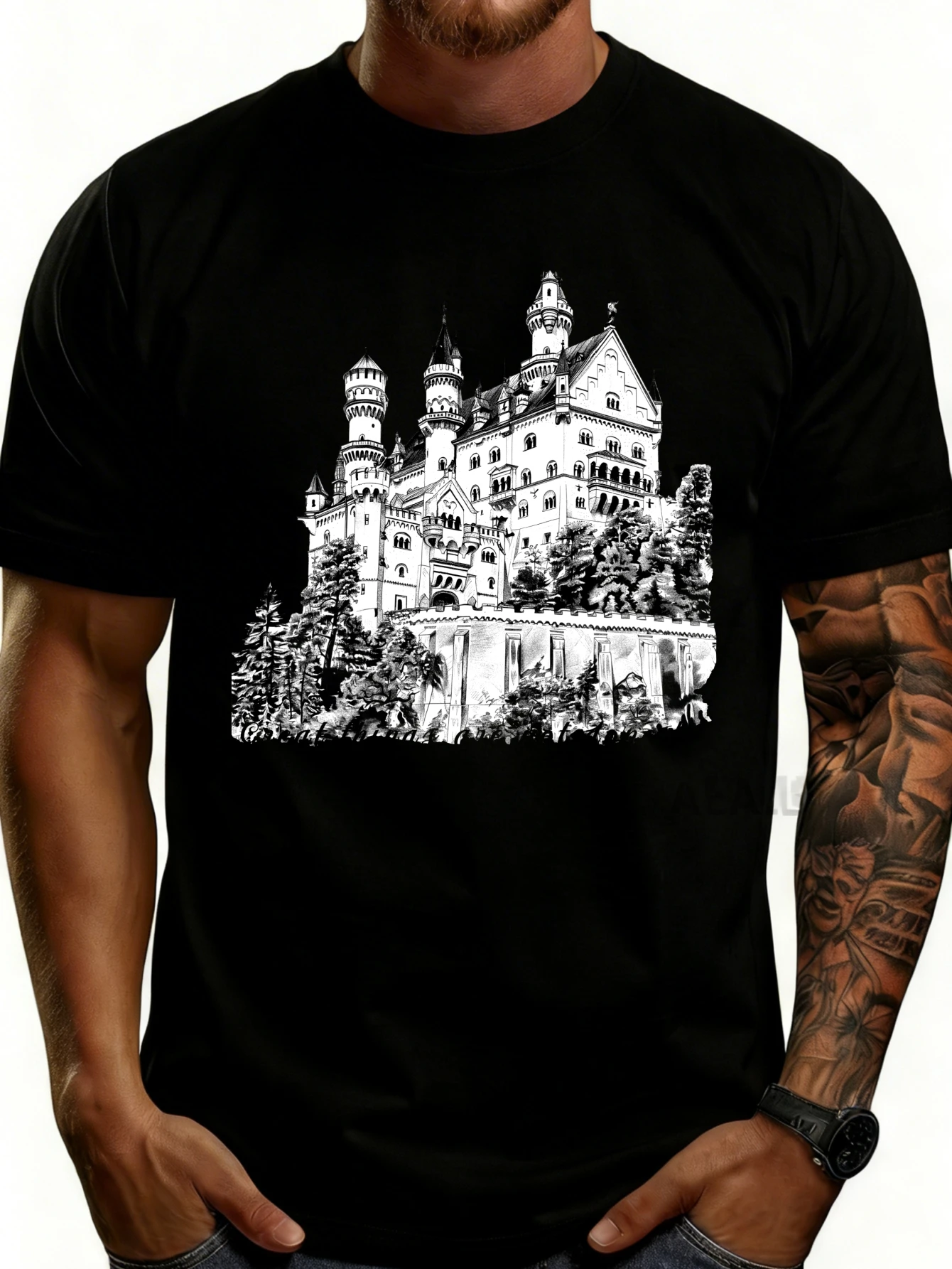 Casual Style Men's T-Shirt with Castle Print, Summer Wear, Gift for Him