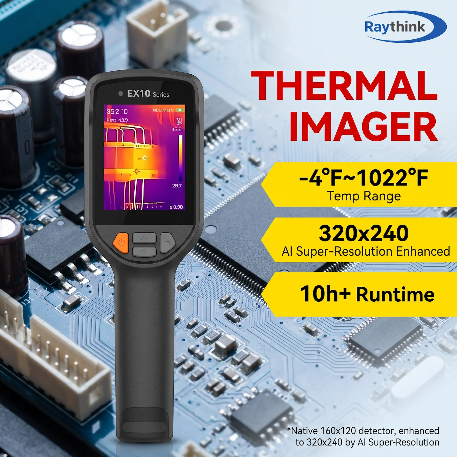 Raythink EX10 Thermal Camera 320x240 AI Super-Resolution -20~550°C 10h+ Runtime Infrared Imager for Circuit Board Inspection