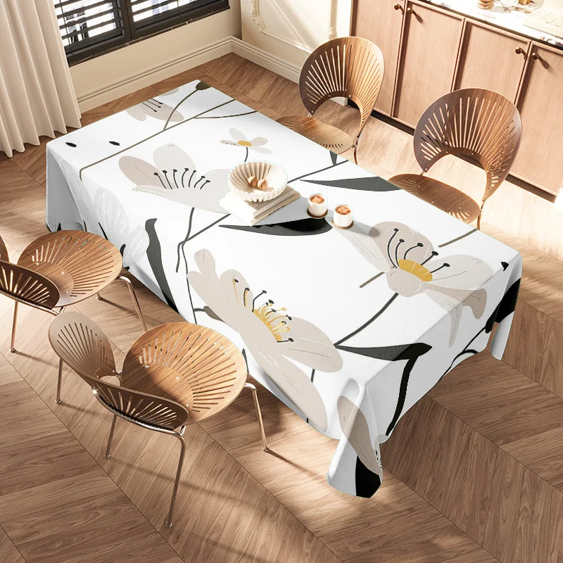 Modern Geometric Floral Dining Tablecloth Elegant White Black Pattern for Kitchen Decor Premium Quality PVC Table Liner with Non