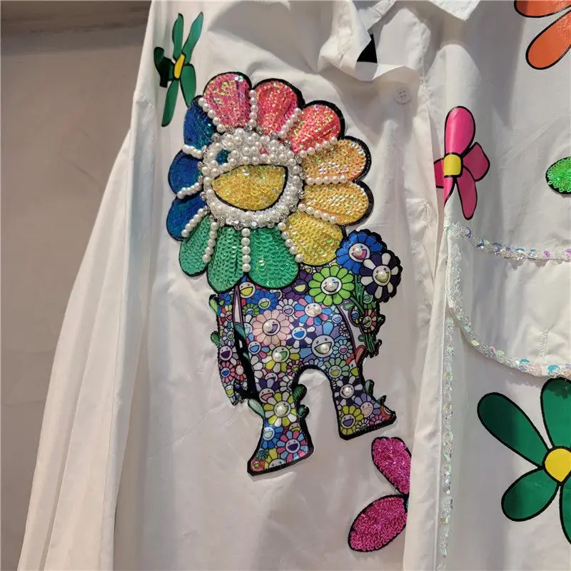 SALIENCY Spring Summe Heavy Industry 3D Flower Blouse Women  Mid Length Diamond Print Candy Color Shirt Spring Loose Top