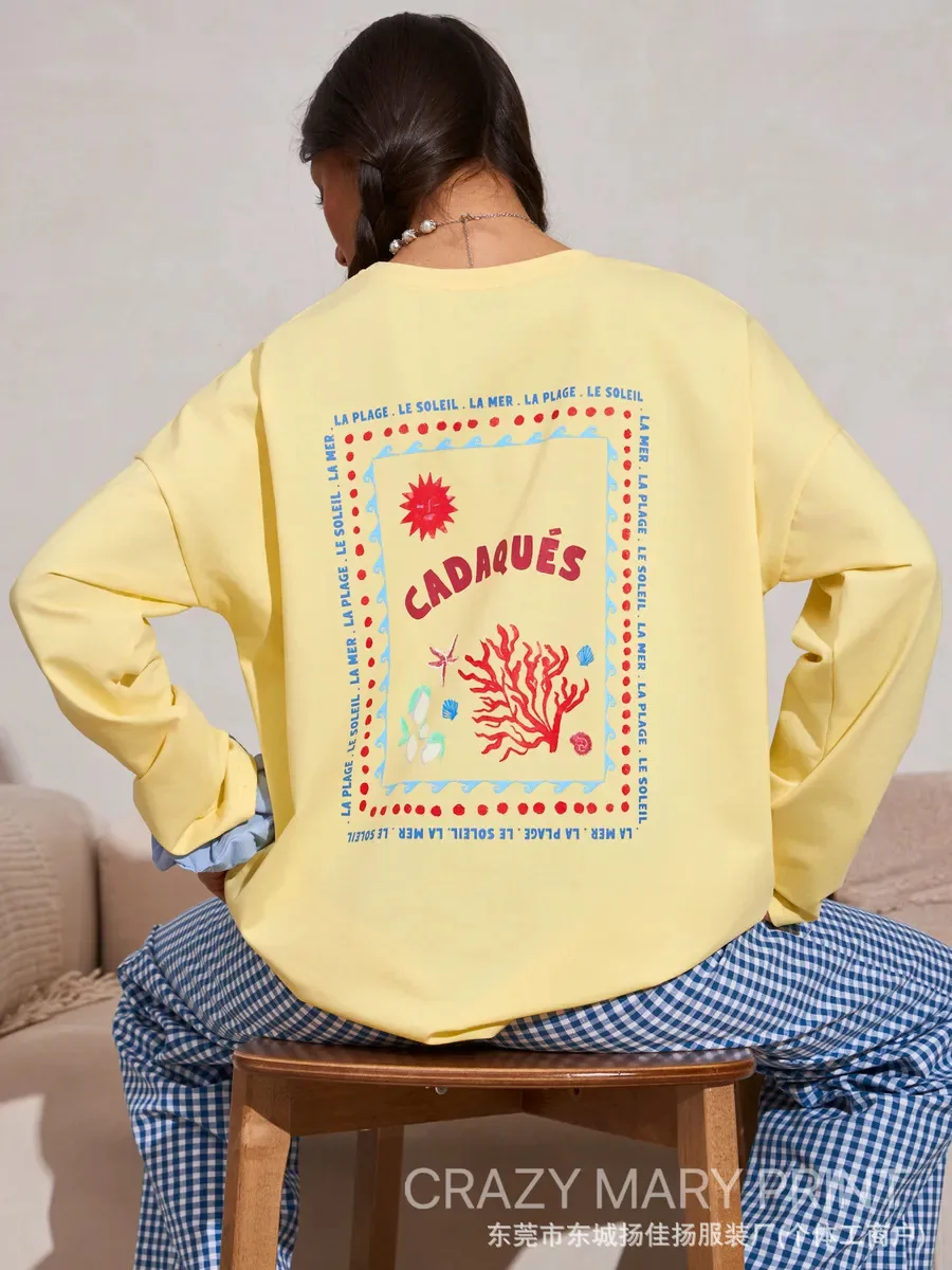 Russian Fashion Coastal Beach Coral Shell Graphic Oversized Cotton Long Sleeve Tee Women Vacation Aesthetic Casual Fall T‑Shirt