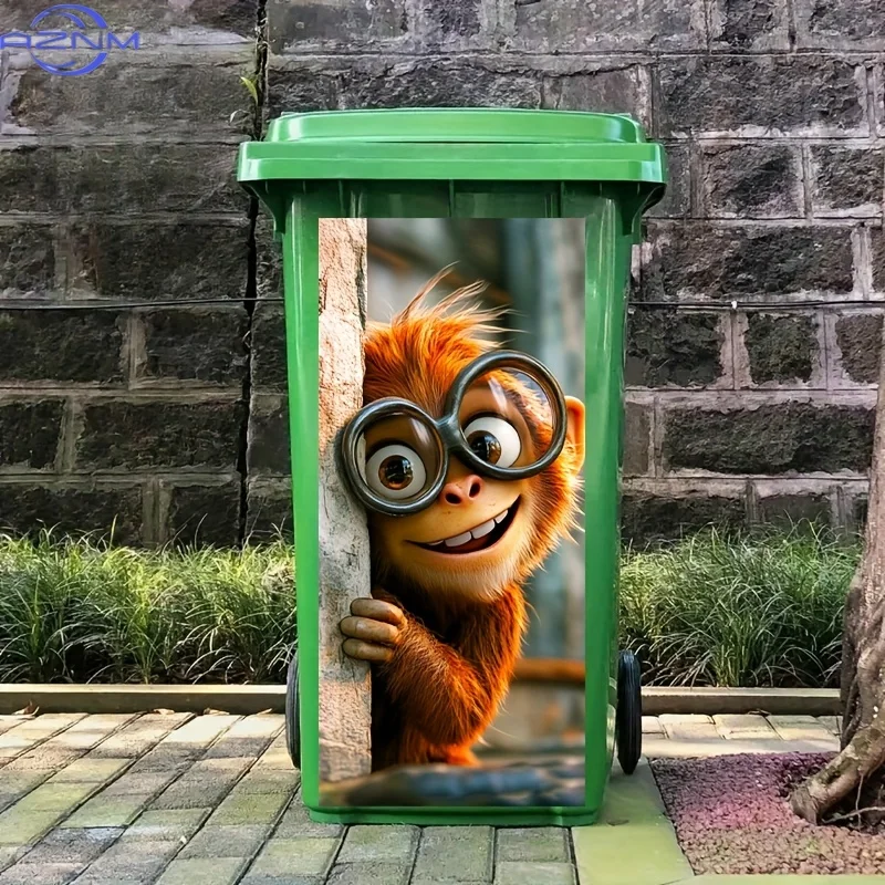 Funny Monkey with Glasses Peeking - Large Trash Can Decoration (14.57x32.28in) Waterproof PVC Sticker - Cute Kitchen, Office,