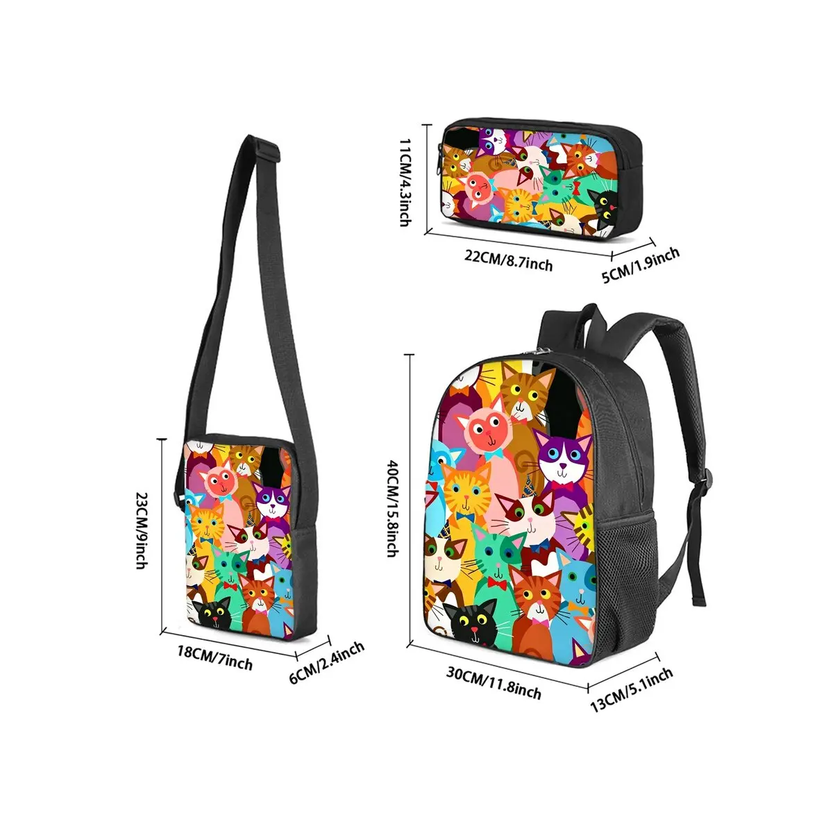 Cute Dachshund Print Cat 3Pcs/Set Backpack with Messenger Bags ,Pencil Bags for Boy/Girl Best Gift Cartoon Student School Bags