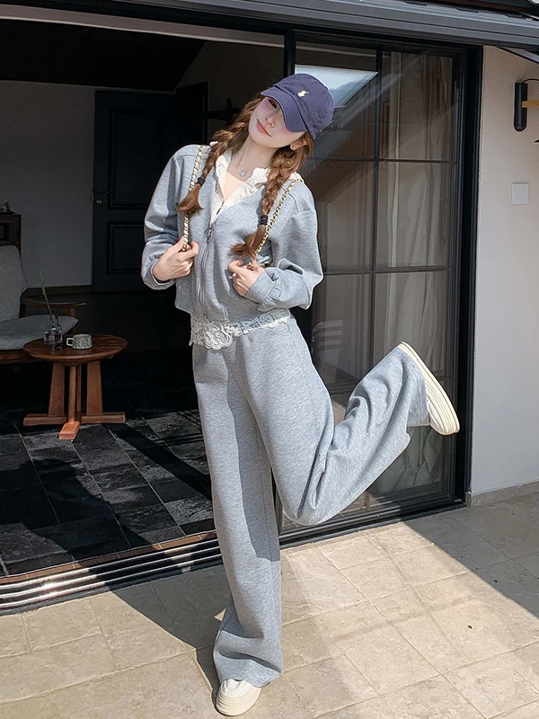 

Grey Lace Patchwork Casual Wide Leg Pants Two Piece Set Women's Hoodie Suit Autumn New Style Fashion Ensemble High Waist