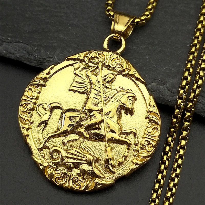Saint George PROTECT US Christian Stainless Steel Pendant Necklace for Women Men Gold Color St. George Necklace Choker Jewelry