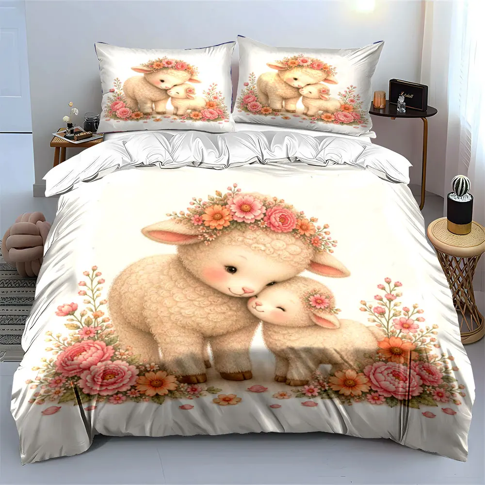 Warm lambs with floral crowns Duvet Cover Set with 3D Printing Design Soft Polyester Bedding Set All-Season Comfort for gifts