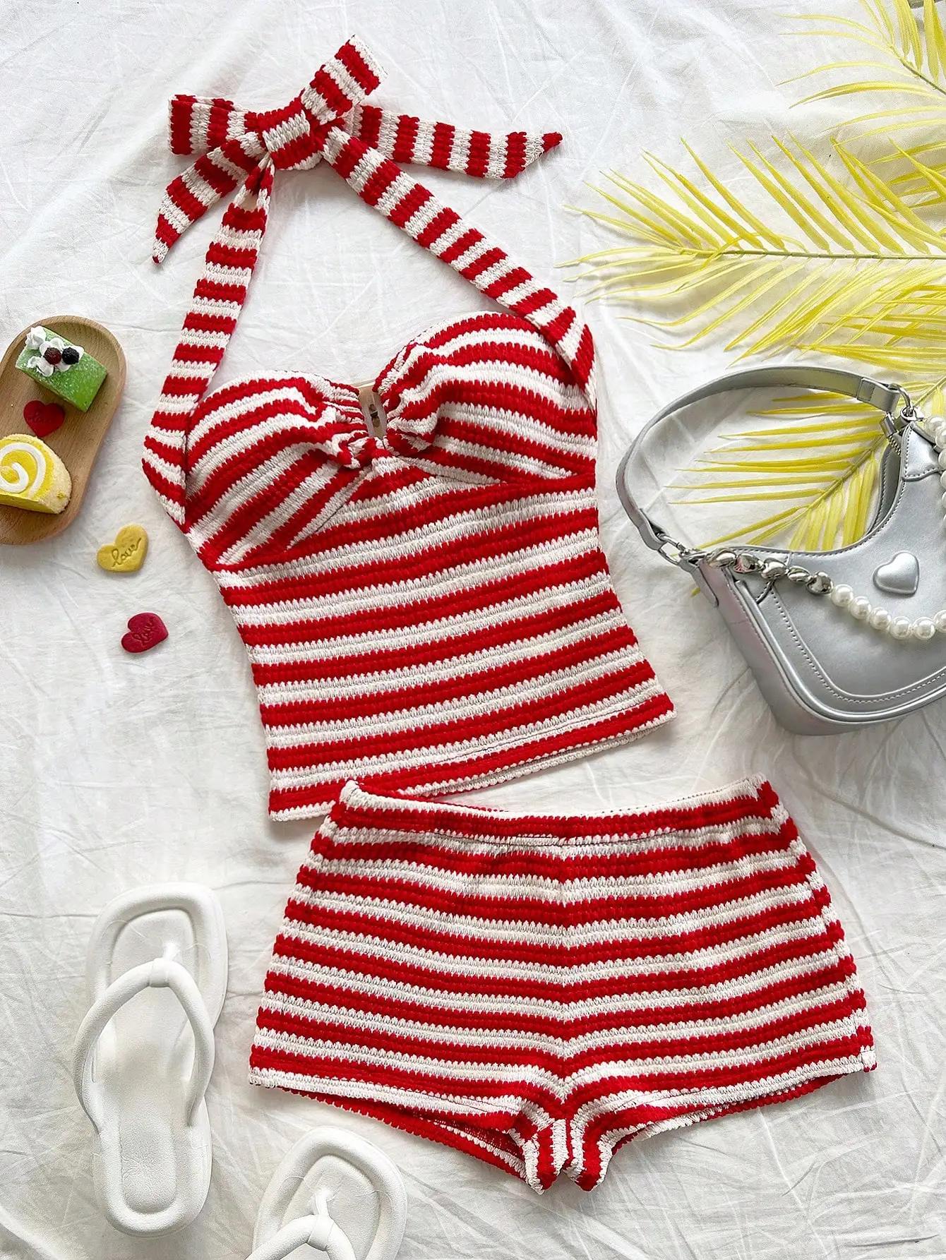 Red & White Striped Knit Halter Top & Shorts Set for Beach, Festival, Summer Vacation
