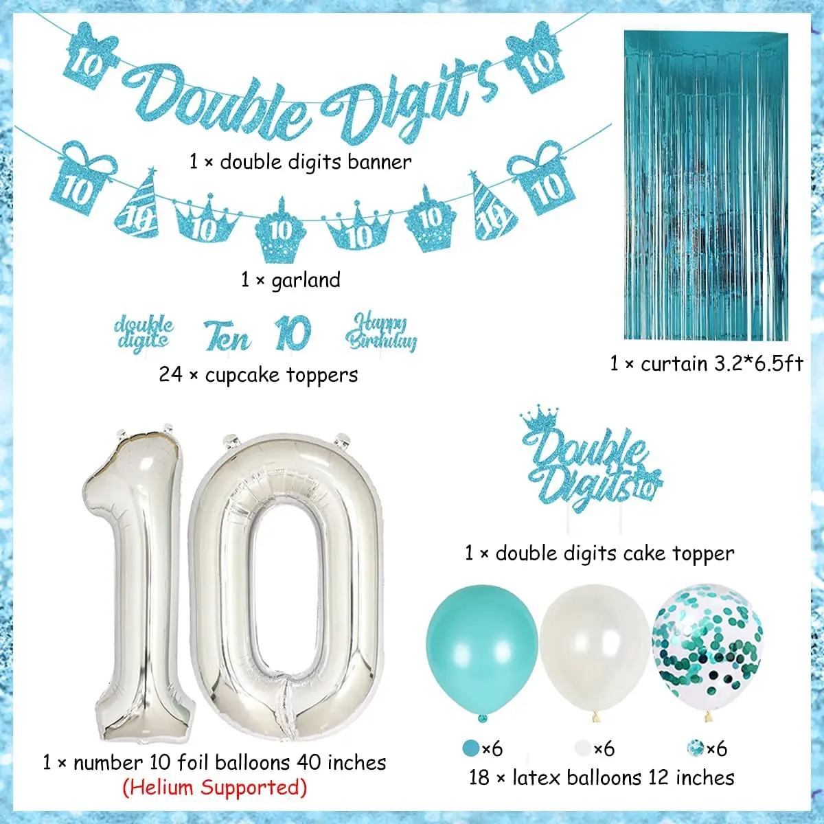 Birthday Decorations for Girls, Teal Blue, Double Digits, Turquoise Banner, Number 10 Balloon, 10 Years Old, Party Supplies