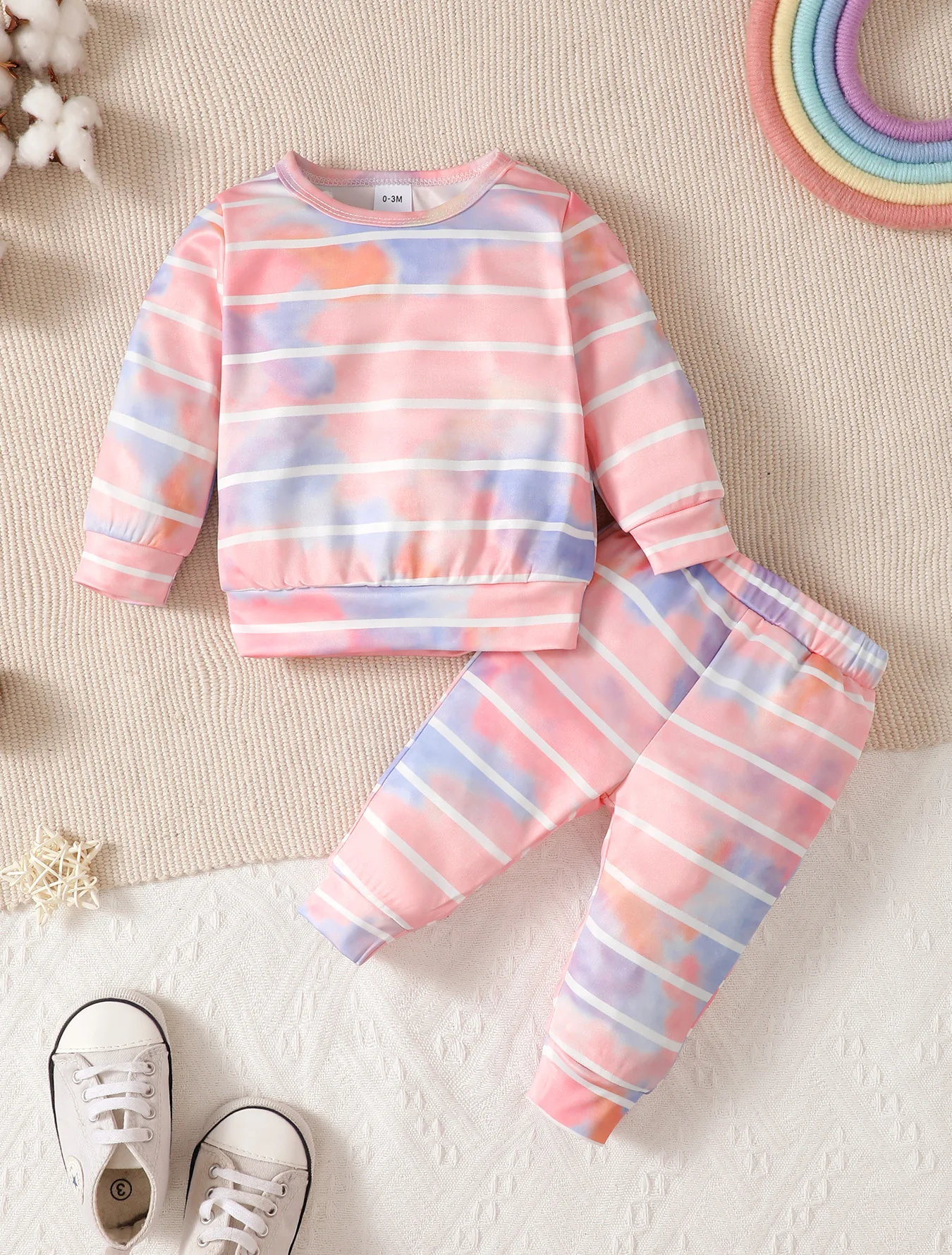 0-18 Months Newborn Baby Boy&Girl 2PCS Clothing Set Rainbow Print/Stripe Long Sleeve Sweater+Pants Autumn&Winter Lovely Outfit