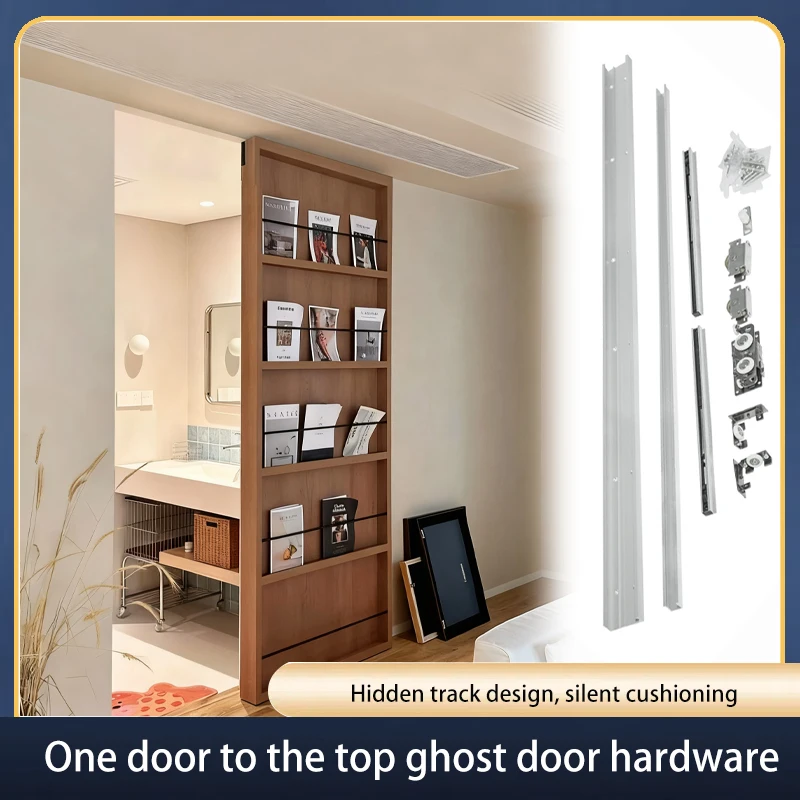 SSOUIM مجموعة باب منزلق غير مرئي بارتفاع كامل مع عازلة ثنائية الاتجاه وقضيب تعليق مخفي لباب شبح الحمام
